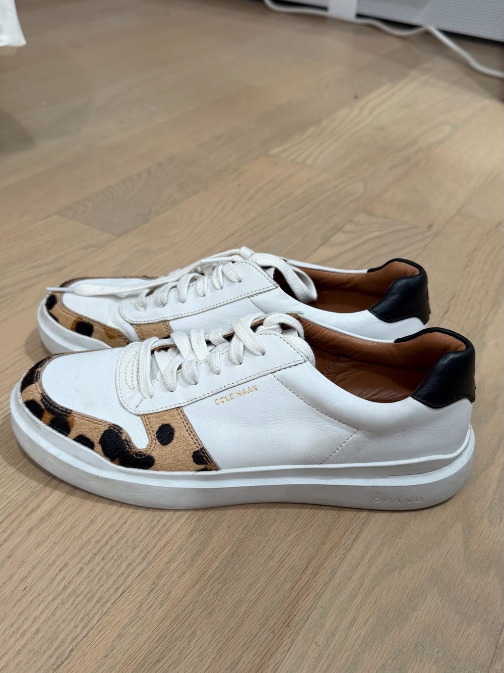 Cole Haan White Leather Sneakers with Leopard Trim - Picture 2 of 2